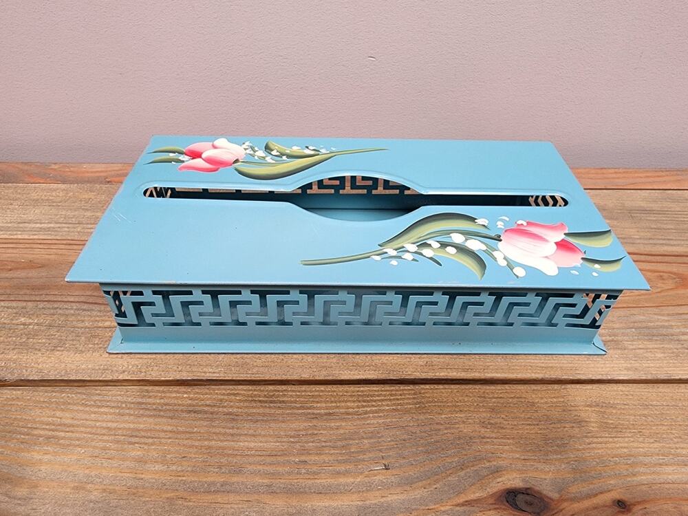 Vintage Plymouth Tole Metal Tissue Box Holder Blue Floral Wall Mount